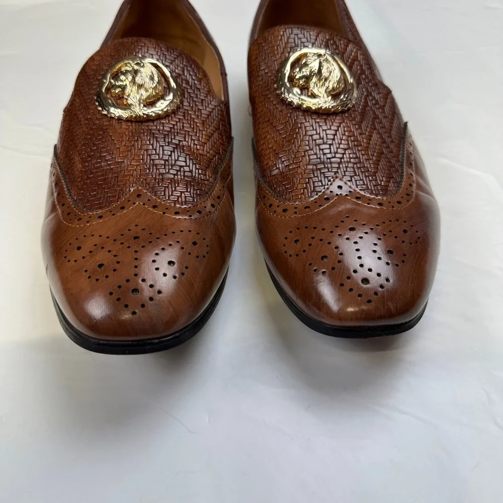 Meijiana‎ Lion Head Woven Loafers Men's Size 11 Brown Wingtip Brogue